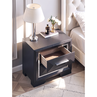 Sunvega Modern Black Wood Veneer Nightstand with Two Drawers for Bedroom