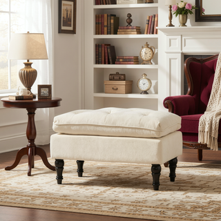 Sunvega Tufted Fabric Ottoman Footstool with Plush Pillow Top and Turned Legs