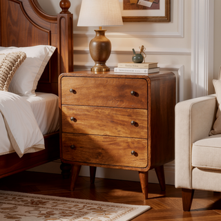 Sunvega Solid Mango Wood Chestnut Mini Curved Chest with 3 Drawers and Nordic Legs