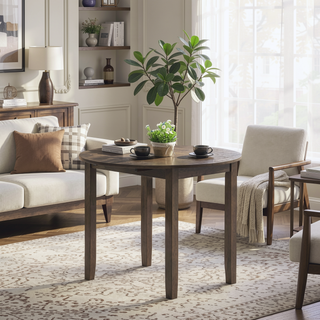 Sunvega Walnut Finish Round Drop Leaf Dining Table for Small Kitchen