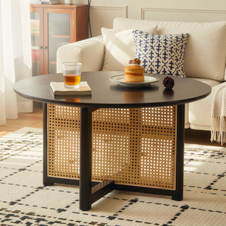 Sunvega 31.5 Inch Round Bohemian Style Solid Wood Coffee Table with PE Cane Stand