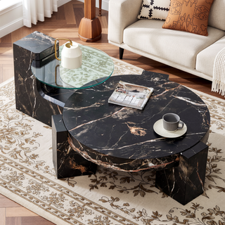 Sunvega Detachable Double-Decker Coffee Table with Anti-Collision Design and MDF Material