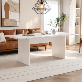 Sunvega Modern White Dining Table with Sled-Base Design for 6-8 Persons