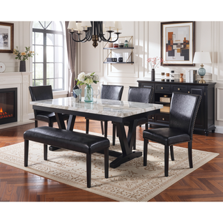 Sunvega Modern White Faux Marble Rectangular Dining Table with V Shape Trestle Base