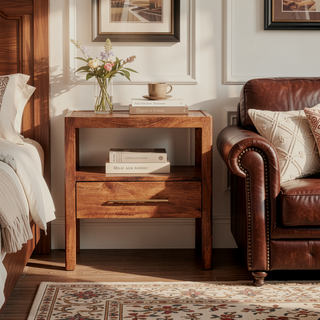 Sunvega Solid Mango Wood Caldera Nightstand with Drawer and Shelf in Honey Caramel