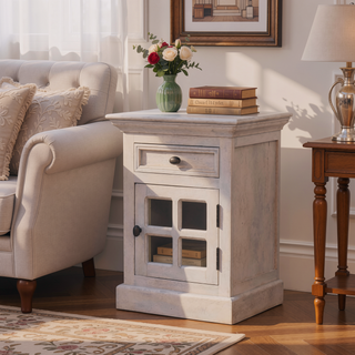Sunvega Glazed Stone Bedside Table with Drawer and Storage in Acid Wash White
