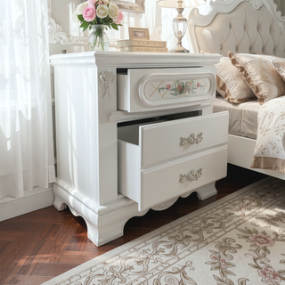 Sunvega White 2-Drawer Nightstand with Floral Motifs and Felt Lined Top