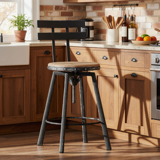 Sunvega Antique Finish Firwood Seat Barstool with Black Brush Silver Metal Frame