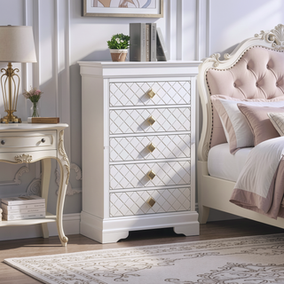 Sunvega Fully Assembled Pearl White Nightstand with Gold Handles and Faux Crystal