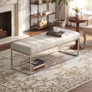 Sunvega Beige Tufted Upholstered Bench with Plush Cushioned Seat and Champagne Metal Legs