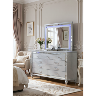 Sunvega Silver Mirror Framed 6-Drawer Dresser with Diamond Accent Handles