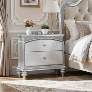 Sunvega Platinum Finish Glam Nightstand with 2 Drawers and Sparkling Rhinestones Inlay
