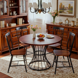 Sunvega 42 Inch Round Dining Table with Oak Veneer Top and Iron Base for Small Spaces