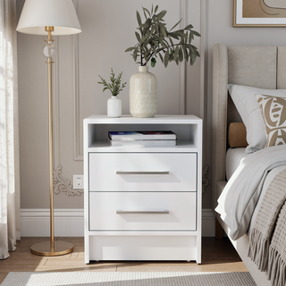 Sunvega White Modern Bedside Table with Spacious Drawers and Open Shelf