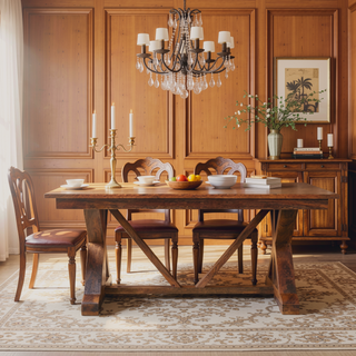 Sunvega Solid Wood Treston Dining Table with Broad Tabletop and Trestle Base