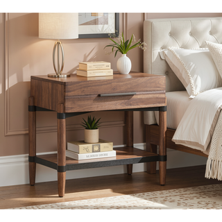 Sunvega Walnut Finish Minimal Assembly Nightstand with Drawer and Shelf