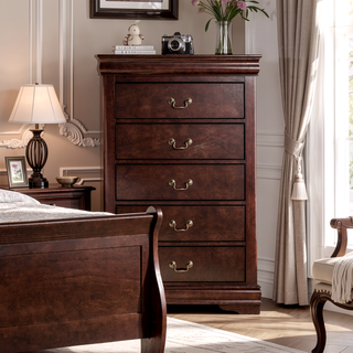 Sunvega Dark Cherry Finish Transitional Chest with English Dovetail Drawers and Bracket Legs
