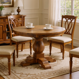 Sunvega Solid Wood Valentina Round Dining Table with Sculpted Pedestal Base
