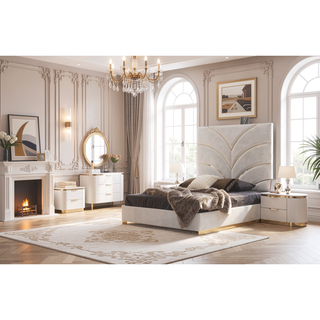 Sunvega White and Gold Lacquered 2-Drawer Nightstand with Soft-Closing Drawers
