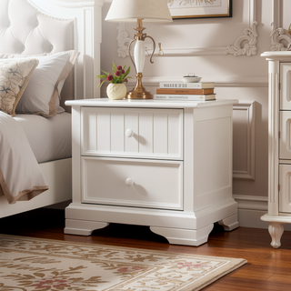 Sunvega White Solid Hardwood Nightstand with Two Spacious Drawers and Round Knobs