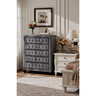 Sunvega Sophia Cream Velvet Upholstered Crystal Tufted 5-Drawer Chest for Bedroom