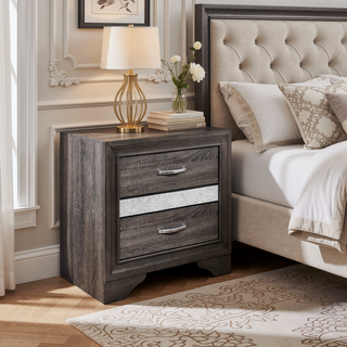 Sunvega White and Silver Glitter Nightstand with Hidden Felt-Lined Jewelry Drawer