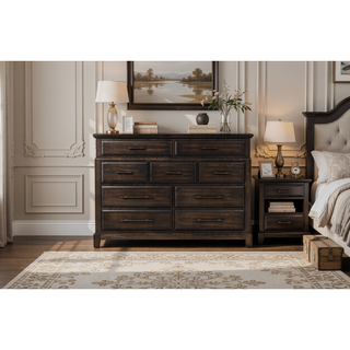 Sunvega 9 Drawer Dresser with Elm Veneers Pine Solids and Mahogany Finish