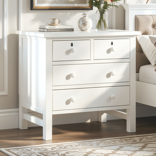 Sunvega Antique White Nightstand with 4 Drawers and Faux Keyhole Accents