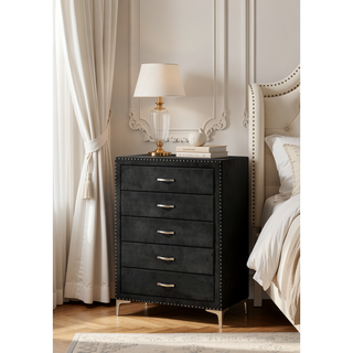Sunvega Glam Style Black Finish Two Drawers Nailhead Tufted Nightstand with Tempered Glass