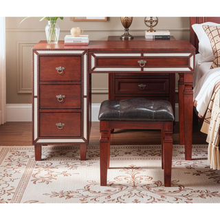 Sunvega Traditional Cherry Wood Vanity Set with Tufted Stool and Storage Drawers