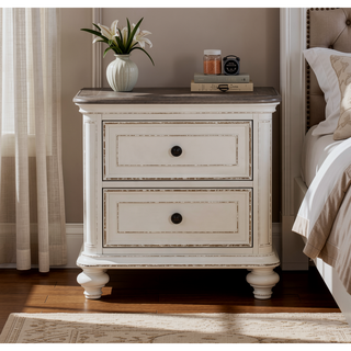 Sunvega Antique White and Brown-Gray Finish Nightstand with Black Knobs and Dovetail Drawers