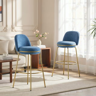 Sunvega Gold-Plated Metal Frame Blue Upholstered Low-Profile Backrest Barstools Set of 2