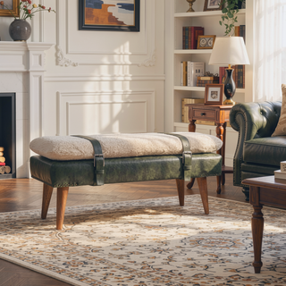 Sunvega Olive Green Buffalo Hide Leather Bouclé Bench with Solid Wood Nordic Legs