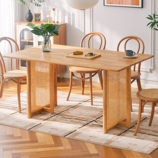 Sunvega Chinese Country Retro Walnut Solid Wood Round Table with Imitation Rattan Legs