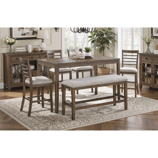 Sunvega Light Brown Finish Wooden Counter Height Dining Table Set with Bench