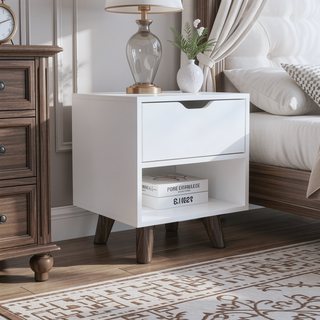 Sunvega Modern Nightstand with Open Shelf and Drawer on Wooden Legs
