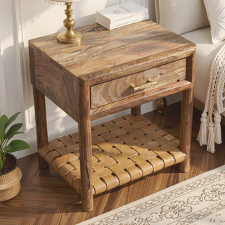 Sunvega Handcrafted Solid Mango Wood Nightstand with Drawer and Woven Shelf