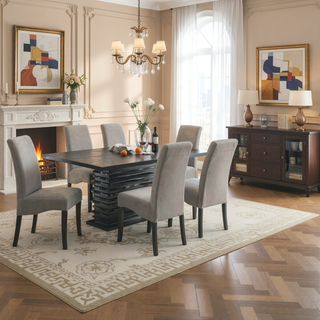 Sunvega Modern Black Rectangular Dining Table with Layered Pedestal Base
