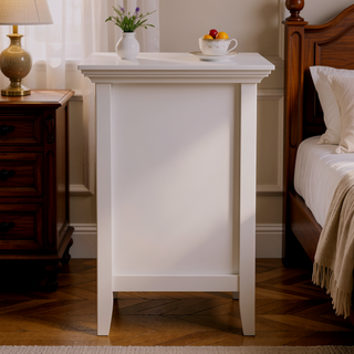 Sunvega White Handcrafted Solid Wood Transitional Bedside Table with Two Spacious Drawers