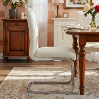 Sunvega Cream Textured Granular Fabric Dining Chairs with Ergonomic Backrest for Modern Spaces