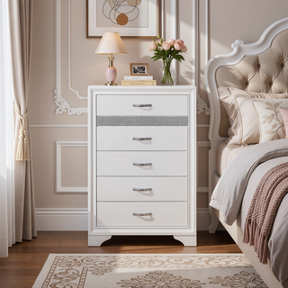 Sunvega White and Silver Glitter Nightstand with Hidden Felt-Lined Jewelry Drawer