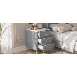 Sunvega Upholstered Velvet Nightstand with Marbling Worktop and 3 Spacious Drawers