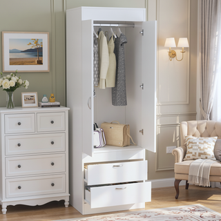Sunvega White Armoire with Double Doors Two Drawers and Metal Handles