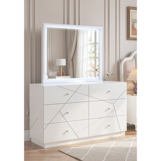Sunvega White Lacquer Dresser with Six Smooth-Glide Drawers and Marble Accents