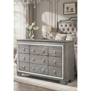 Sunvega Light Gray Oak Dresser with Nine Spacious Drawers and Mirrored Trim