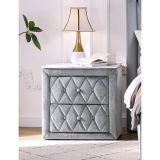 Sunvega Oval Faux Marble Top Nightstand with Two Drawers and Button Tufted Black Fabric