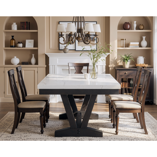 Sunvega Modern Dining Table with Genuine Marble Top and Black Trestle Base