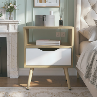 Sunvega White and Macadamia Modern Nightstand with Drawer and Open Shelf
