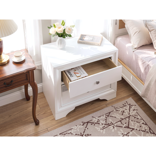 Sunvega White Laminate Wood Grain Nightstand with Silver Trim and Drawer