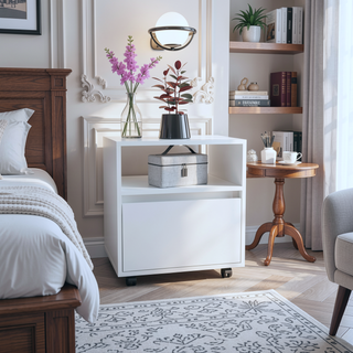 Sunvega Modern White Nightstand with Drawer and Casters for Bedroom Living Room